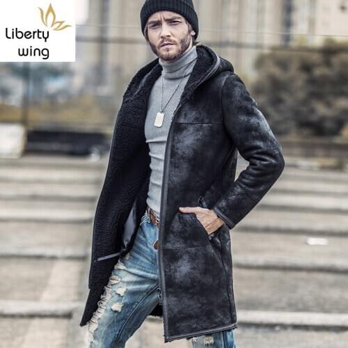 Brand Shearling Men Genuine Sheepskin Coats Fashion Streetwear Slim Hooded Windbreakers Winter Real Fur Overcoats Plus Size 4XL
