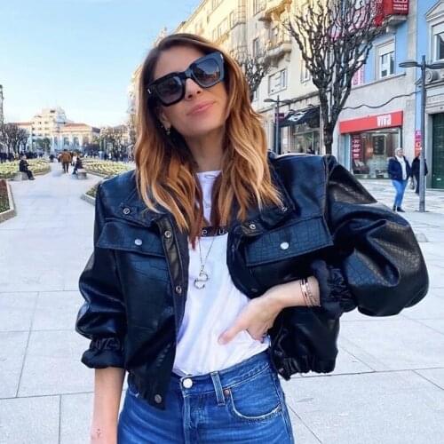 Foridol Crocodile Print Padded PU Leather Parkas Women Thick Faux Leather Short Black Coat Jacket Autumn Winter Fashion Tops