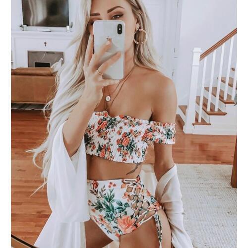 Printing Shirred Bikini Set Bandeau Women Bikini Set Sexy Strapless Padded Bathing Suit Summer High Leg Beach Swimsuit