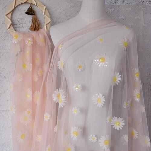 Pink and blue mesh sequins daisy tulle lace fabric sunflower tulle diy skirt wedding dress veil fabric photo background decorati