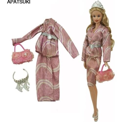 Pink High Quality Doll Clothes For Barbie Doll Fashion Coat Jacket Skirt Handbag Belt Crown Shoes Outfits For 1/6 Doll Accessory