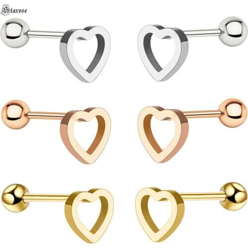 Starose Mixed 2 pcs/lot Rose Gold Color Heart Earrings Stud Helix Piercing Tragus Heart Piercing Oreja Body Piercing Ear Jewelry