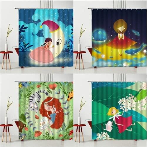 Cartoons Shower Curtains Lovely Girl Flowers Cat Whale Moon Childrens Curtains Waterproof Polyester Fabric Bathtub Decoration