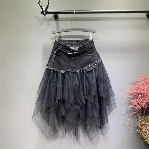 Womens Denim Tulle Skirts Womens Asymmetrical Mesh Patchwork Pocket Empire Pleated Midi Skirt Tassel Streetwear Short Jean Skirt