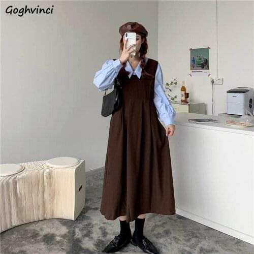 Sets Women Preppy Style All-match Simple Harajuku A-line Long Sleeve Solid Ulzzang Fashion Casual Korean Loose Streetwear Chic