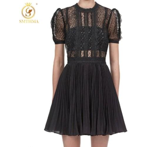 Women Summer Dresses 2021 New Arrival Runway Design Lace Hollow Out Dress High Waist Vintage Elegant Party Dress Female Clothes