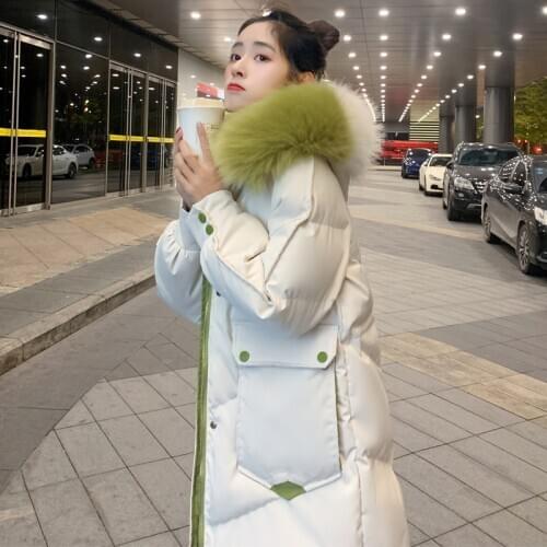 White duck down down jacket womens new winter 2020 loose and thin big hairy collar thickened medium length Hoodie