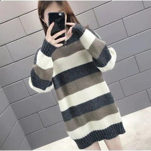Winter High Quality Sweater For Women Korean Style Contrast Solor Striped O-Neck Pullovers Fashion Medium Length Loose Sweater