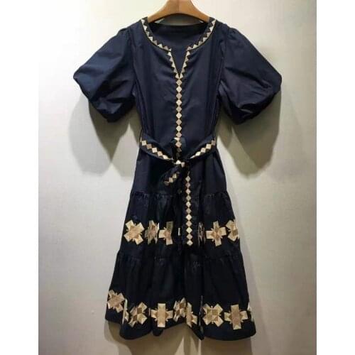 High Quality Cotton Dress 2021 Autumn Style Women Lurex Embroidery Belt Deco Puff Sleeve Mid-Calf Length Casual Vintage Dress