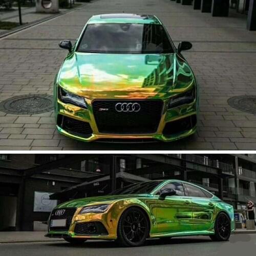 10M x 1.35M Holographic Rainbow Chrome Green to Gold Car Vinyl Wrap Roll Decal Stickers Chameleon Color Changing Film
