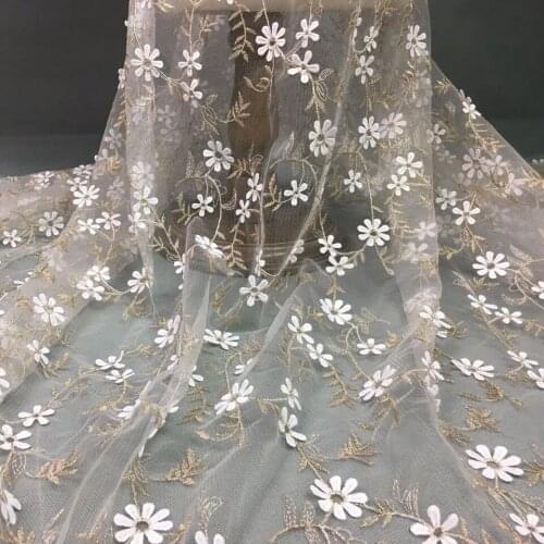 2yards High Quality African Gold Thread Embroidery Lace Fabric 2017 Nigerian French Lace Fabric Women African Mesh Lace Material