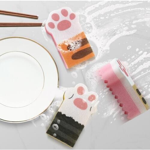 3Pcs Cat Claw Design Non-scratch Dishwashing Scrub Sponge Kitchen Cleaning Tool