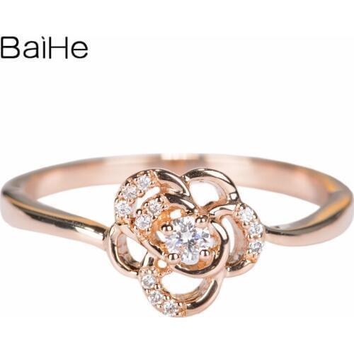 BAIHE Solid 14K Rose Gold 0.09CT H/SI Round Natural Diamonds Women Trendy Elegant unique Gift Beautiful flower diamond Ring