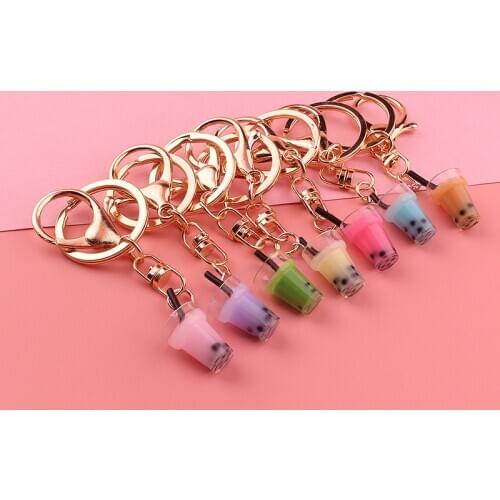 Creative Mini Soft Drink Keychain Coconut Milk tea Beverage Bubble Tea Acrylic Moving Liquid oil Drop decompression Jewelry gift
