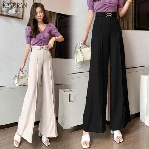Apricot Wide Leg Pants Womens Fashion 2021 Casual Loose Trousers Office Lady Elegant Long Palazzo High Waist Pants Black