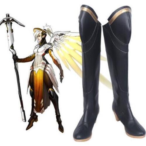 OW Mercy Angela Ziegler Black Game Cosplay Boots Shoes Halloween Party Cosplay Boots Custom Made for Adult Women Long Shoes