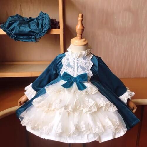 2PCS Baby Girl Autumn Winter Long Sleeve Peacock blue Turkish Spanish Vintage Princess Ball Gown Dress for Girl Christmas Casual