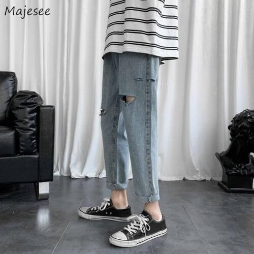 Jeans Men Summer Hole Design Hip Hop Fashion Chic Loose Ankle-length Trousers Casual All-match New Blue Ripped Daily Streetwear