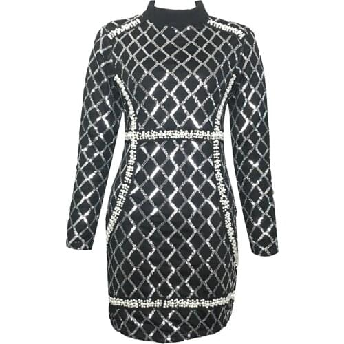 Elegant Fahion Women Dress Sexy Party Club Celebrity Ladies Clothing Long Sleeve Bodycon Beading Mesh Autumn Winter Dresses