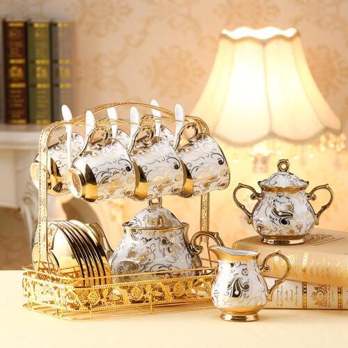 European Ceramic Tea Cup And Saucer Set Chinese Ivory Gold bone china Coffee Cups Set Pot Creamer Sugar Bowl Teatime Teapot Mug