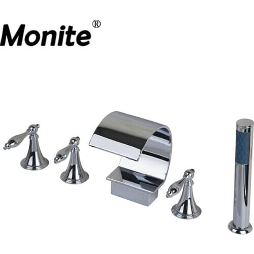Bathtub Mixer Chrome Bathtub Bathroom Faucet 5 PCS Set Waterfall Faucets Mixers & Taps Deck Mounted 3 Handles Taps