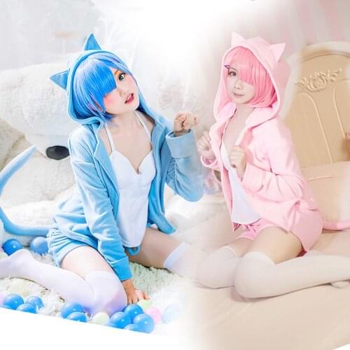 Re Zero Kara Hajimeru Isekai Seikatsu Ram Rem Cosplay Costume Cute Pajamas Causal Nightgown Sleepwear Halloween Carnival Catsuit