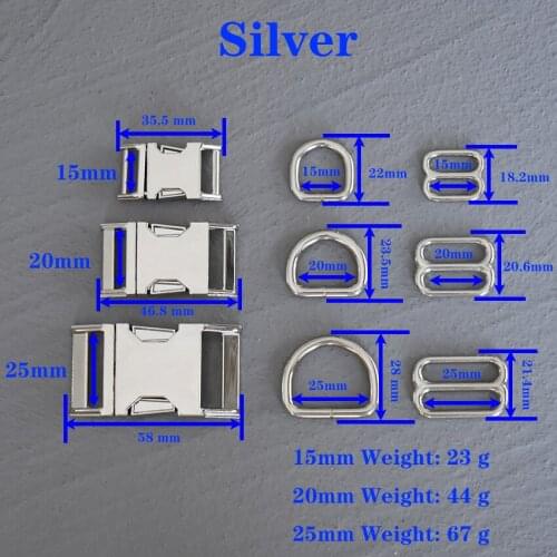 1 Set 15/20/25mm Silver Metal D Ring Belt Straps Slider Side Release Buckle Spring Hook For Dog Leash Harness Accessories