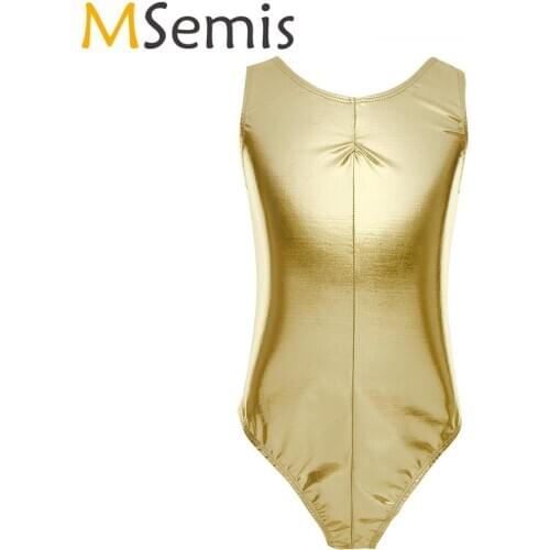 MSemis Kids Girls Lyrical Ballet Leotard Dress Dancewear Sleeveless Shiny Metallic Patent Leather Rhythmic Gymnastics Bodysuit