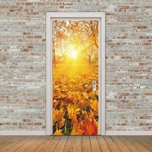 2Pcs/set Autumn Leaves Sun Door Stickers Landscape Style Wall Sticker Bedroom Living Room Scenery Waterproof Decals Home Decor