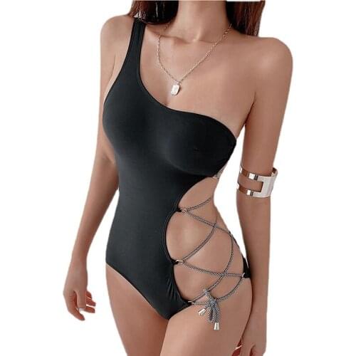 New Womens Swimsuit Korean Ins One-Shoulder Lace-up Hollow Backless Sexy Tight One-Piece