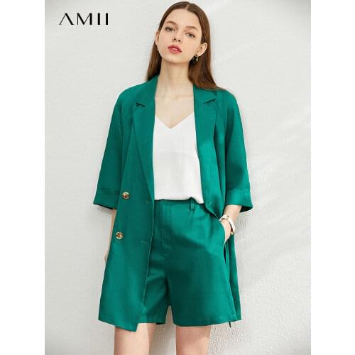 AMII Minimalism Summer New Womens Jacket Offical Lady 100%Linen Solid Womens Suit Coat Causal Womens Shorts 12040160