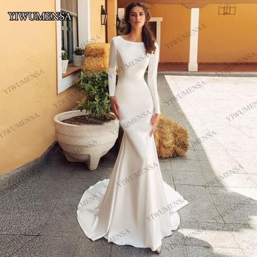 Ivory/Black/White Satin Mermaid Boho Wedding Bride Dress Plus Size 2020 Long Sleeves Appliques Bridal Gowns Marriage Dresses