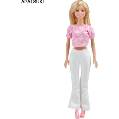 Pink Clothes for Barbie Doll Outfits O-Neck Short Tops White Long Pants Trousers Fashion Clothing 1/6 Dolls Accessories
