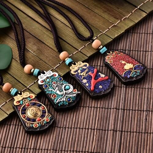 Handmade Nepal Buddhist Wood Pendant Necklace Women Men Ethnic Style Long Necklace Sweater Chain Jewelry