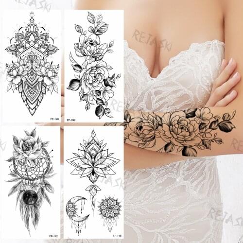 Black Peony Temporary Tattoos For Women Girls Realistic Henna Dream Catcher Feather Fake Tattoo Sticker Charming Arm Back Tatoos