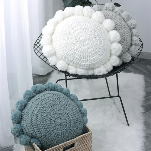 Knit Cushion Solid Blue Grey Vintage Green Pad 50x50cm Cute Pompom Ball Cushion Case Soft For Sofa Bed Nursery Room Decorative