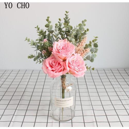 YO CHO Rose Pink Silk Artificial Flowers Bouquets Fake Silk Flores Bride Wedding Flowers Home Hotel Decoration Fake Flowers Faux