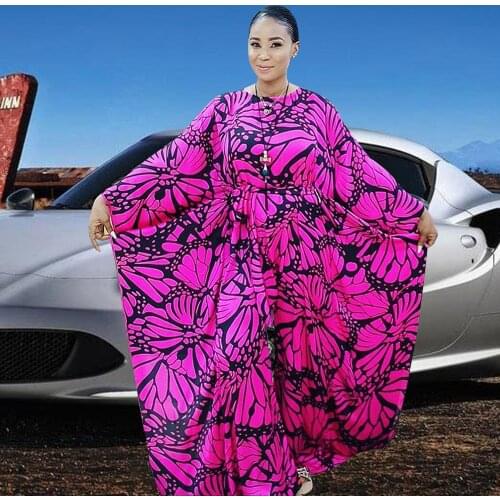 Elegant Rompers 2021 Autumn Sexy Womens Jumpsuits O-collar Long Bat Sleeve Wide Leg Playsuits Print Design Africaine Fashion