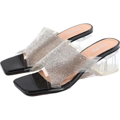 Womens Slippers Outdoor Casual Summer Shoes New Fashion Rhinestone Transparent Open Toe Thick heel Sandals Female qq817