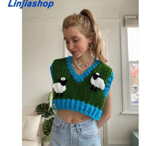 Summer Autumn Knitting Decoration Crochet Vest Sweater Mujer Sexy Sleeveless V Neck Autumn Pullover Crop Top