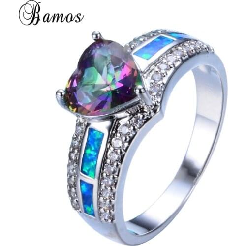 Bamos Rainbow Heart Cubic Zirconia Promise Ring Blue Fire Opal Jewelry White Gold Filled Engagement Ring Wedding Bands For Women