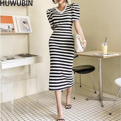 Summer New 2021 Womens V-Neck Chic Lantern Sleeve Knitting Stripe High Waist Slim Slim Split Avant-Garde Fashion Dress
