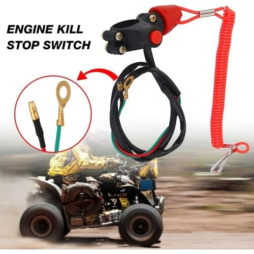 12V 2-Wires Motorcycle Engine Kill Switch Push Button w/ Spring Tether Lanyard For ATV Dirt Bike Quad 50cc 70cc 110cc 125cc