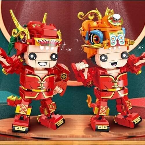 2021 Chinese Traditional Festival New Years Eve Dragon and Lion Dance Brickheadz Building Blocks Bricks Toys Christmas Gifts