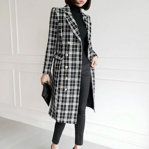 2021 Autumn Wool Blend Contrast Color Plaid Long Woolen Jacket Coat Ladies Fall Winter Contour Gingham Checkered Outerwear