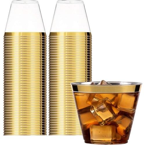 25PCS Rose Gold Silver Plastic Wine Cups 9oz Clear Disposable Plastic Glass Cup For Wedding Party Dinking Cocktail Supplies