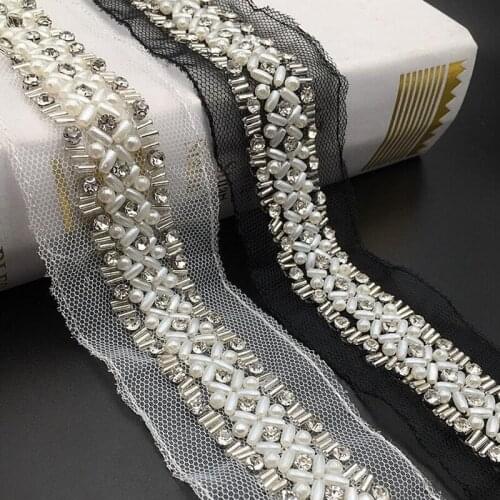 2Yds White Black Pearl Beaded Embroidered Rhinestones Trim Applique Braided Lace Ribbon Organza Trim For Wedding Dress Lace Edge