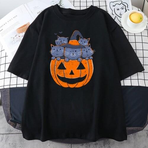 Cat Tricks Halloween Lantern Womens T-Shirt Fashion INS 2021 T Shirts Harajuku Loose T Shirts O-Neck Womens Tee Shirt Summer