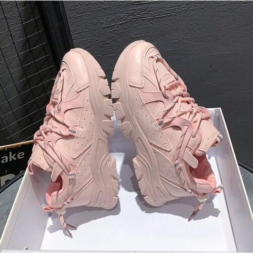 Womens Vulcanized Shoes Lace-Up Patchwork Thick Bottom Shallow Female Sneakers Fashion Comfortable Leisure Ladies Daddy Shoe