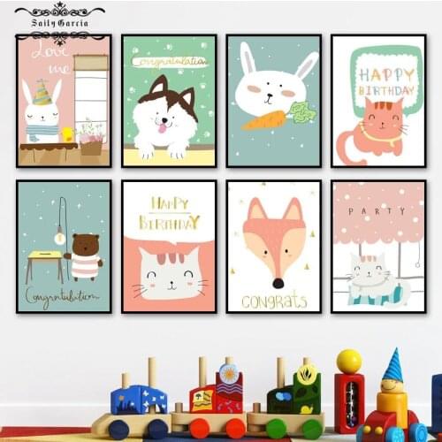 Cute Cartoon Animals Poster Rabbit Fox Bear Cat Dog Wall Art Canvas Painting Nordic Prints Wall Pictures for Kids Room Decor